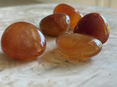 Pierres roulées de cornaline naturelle de qualité AA aux nuances orange et rouge, disposées sur un fond en bois clair.